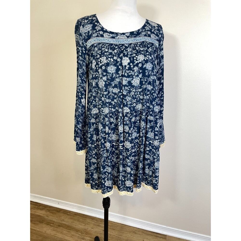 Uncle Frank Womens Peasant Mini Dress Size XS Blue Floral Boho